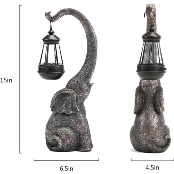 15" Outdoor Sculpture Figurine Statue Elephant Home Decor Solar Garden Statues - Picture 2 of 5